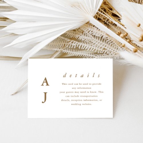 Minimal Monogram Golden Brown Wedding Detail Enclosure Card