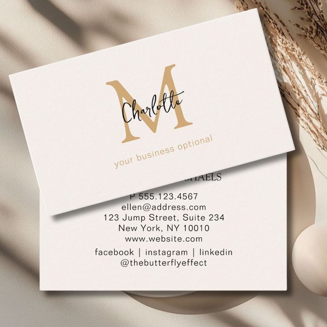Minimal, Monogram, Handwriting, Beige  Business Card (Minimal, Monogram, Handwriting, Beige Business Card)