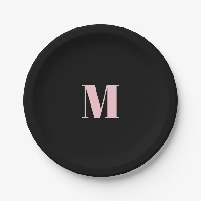 Minimal Monogram Inital Letter Black Pink Paper Plates (Front)
