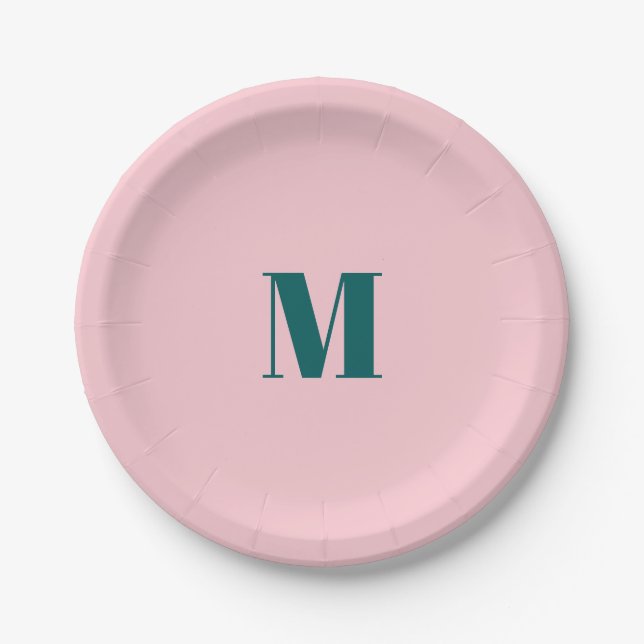 Minimal Monogram Inital Letter Green Pink Paper Plates (Front)