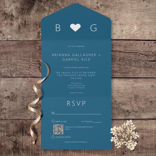 Minimal Monogram Modern Heart Teal QR Code All In One Invitation