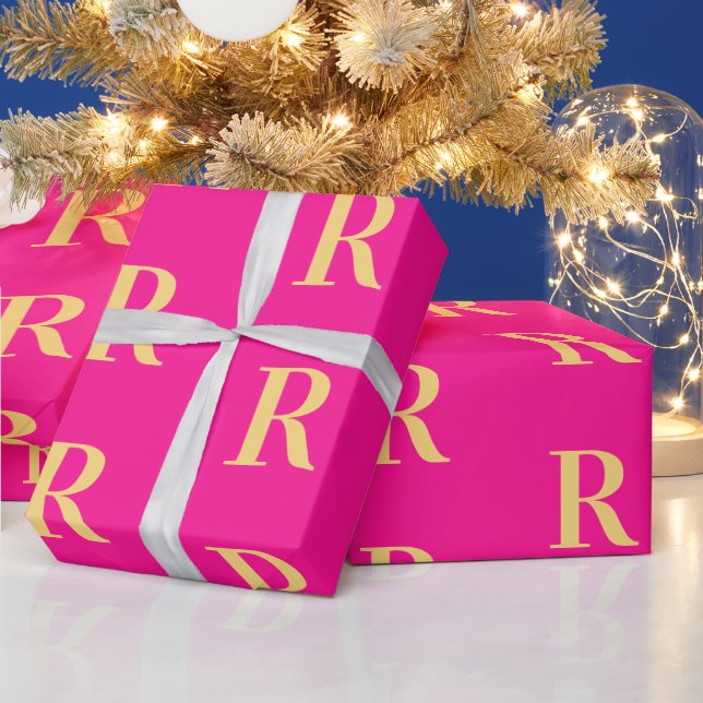 Minimal Monogram Modern Hot Pink Wrapping Paper (Holidays)