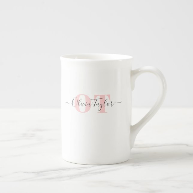 Minimal Monogram Modern Script Blush Personalized Bone China Mug (Right)