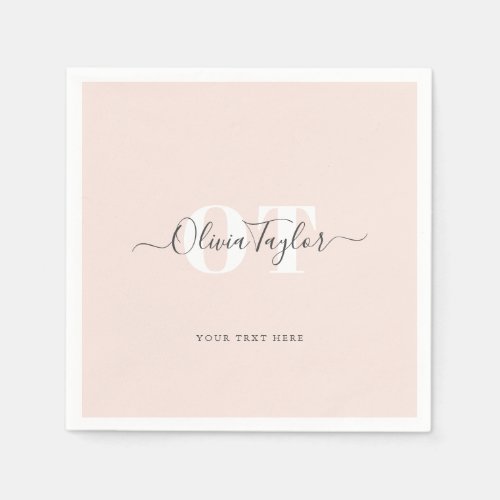 Minimal Monogram Modern Script Blush Personalized Napkins