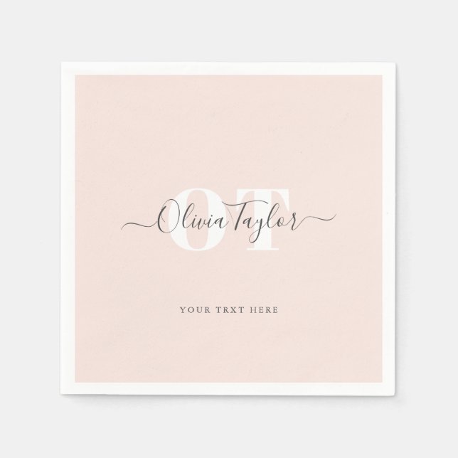 Minimal Monogram Modern Script Blush Personalized Napkins (Front)