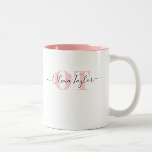 Minimal Monogram Modern Script Blush Personalized  Two_Tone Coffee Mug