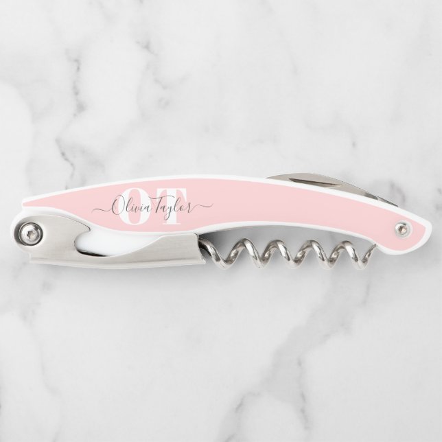 Minimal Monogram Modern Script Blush Personalized Waiter's Corkscrew (Front)