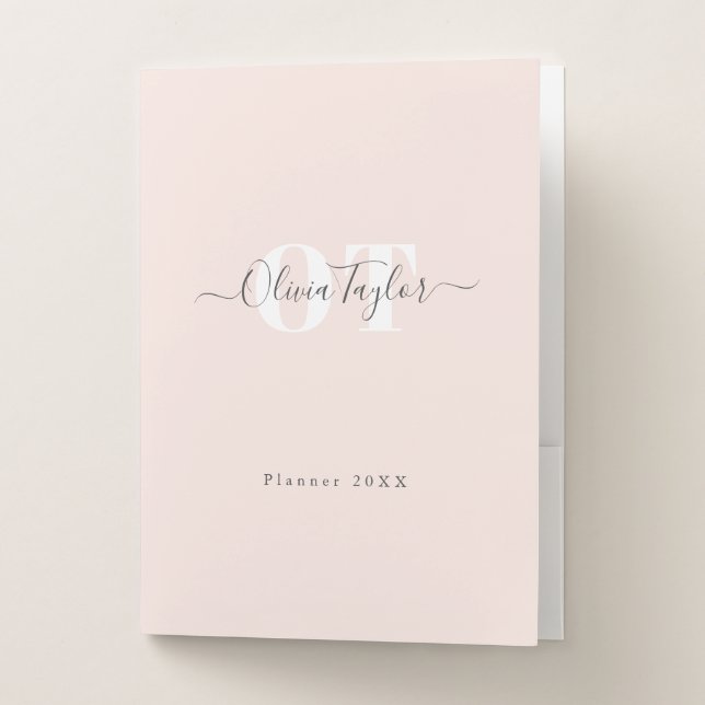 Minimal Monogram Modern Script Blush Professional  Pocket Folder (Front)