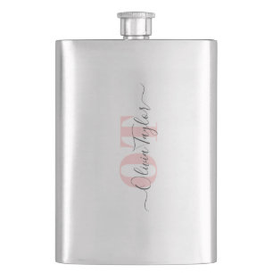 Minimal Monogram Modern Script Pink Personalized Flask