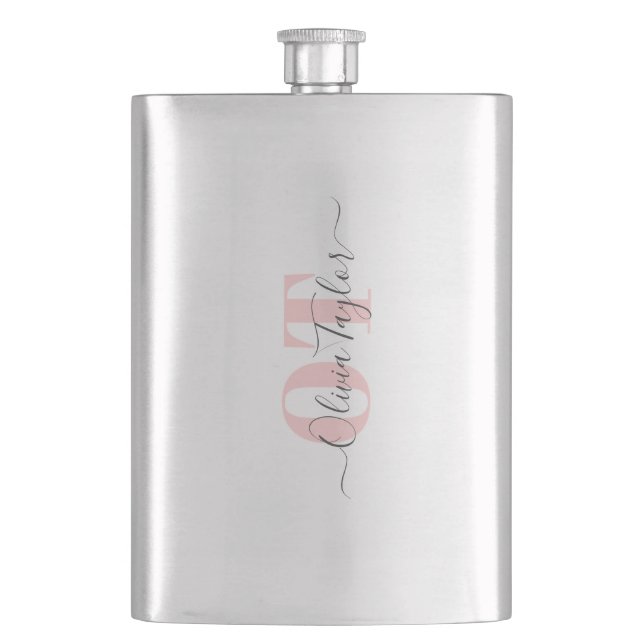 Minimal Monogram Modern Script Pink Personalized Flask (Front)