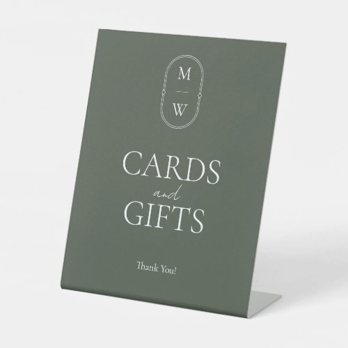 Minimal Monogram Moss Green Wedding Cards  Gifts Pedestal Sign