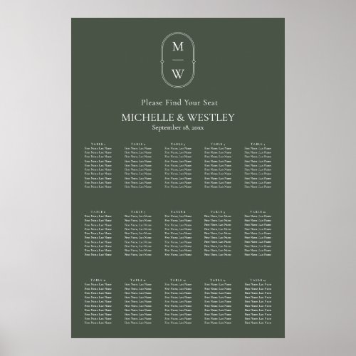 Minimal Monogram Moss Green Wedding Seating Chart