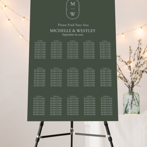 Minimal Monogram Moss Green Wedding Seating Chart Foam Board