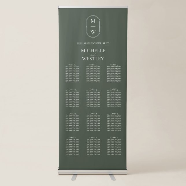 Minimal Monogram Moss Green Wedding Seating Chart Retractable Banner (Front)