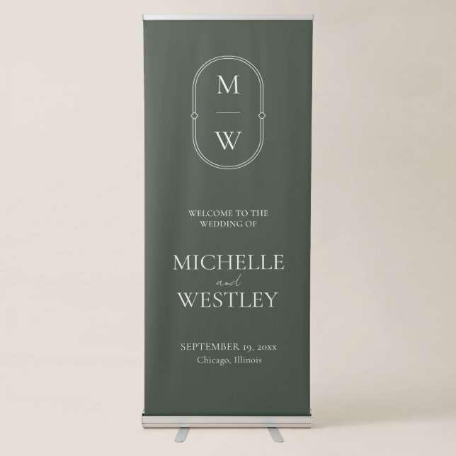 Minimal Monogram Moss Green Wedding Welcome Retractable Banner (Front)