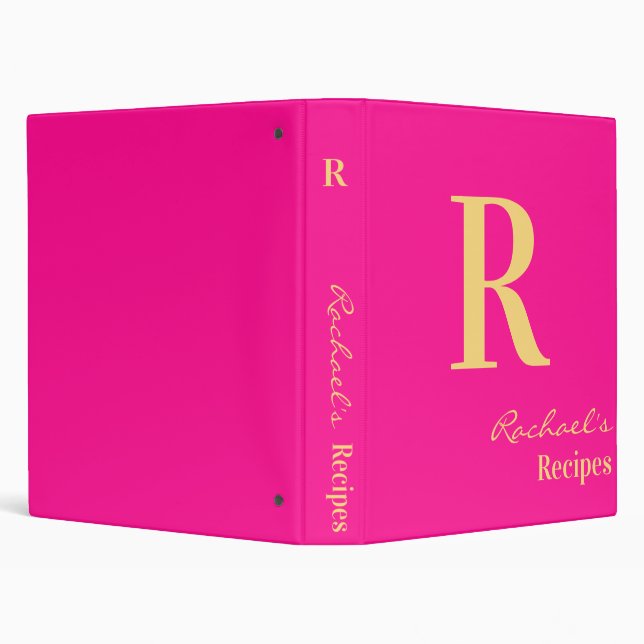 Minimal Monogram Name Modern Hot Pink Recipe 3 Ring Binder (Background)