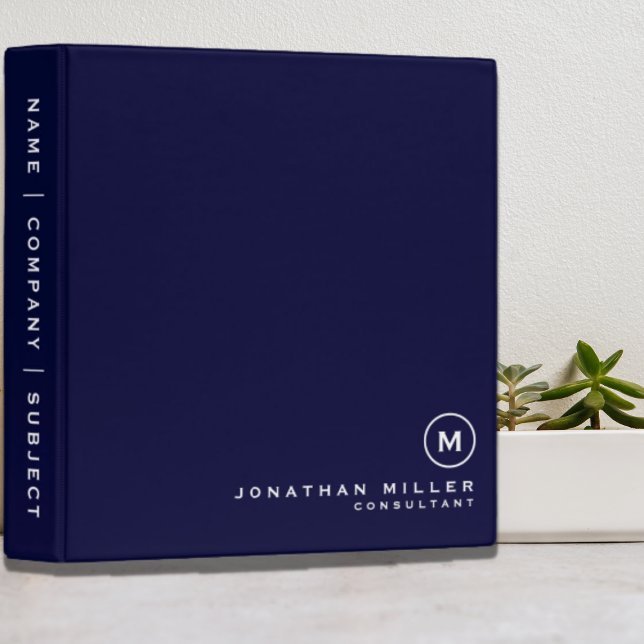 Minimal Monogram Navy Blue Office School 3 Ring Binder (Creator Uploaded)