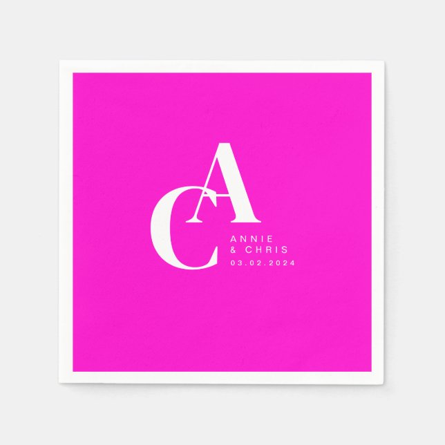 Minimal, Monogram, Neon-Pink, Wedding Napkins (Front)