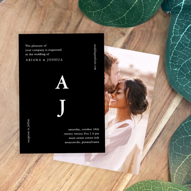 Minimal Monogram Photo Wedding Black and White Invitation (Creator Uploaded)