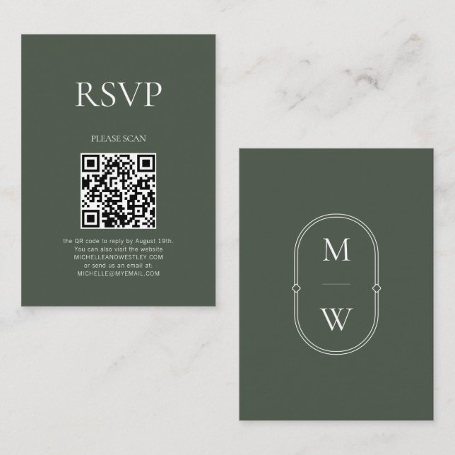 Minimal Monogram QR Code Moss Green Wedding RSVP Enclosure Card (Front/Back)