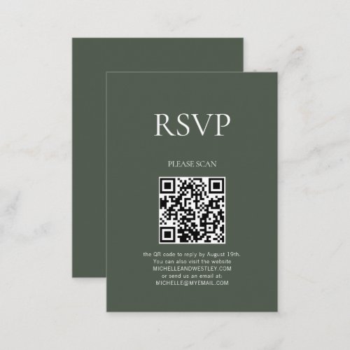 Minimal Monogram QR Code Moss Green Wedding RSVP Enclosure Card