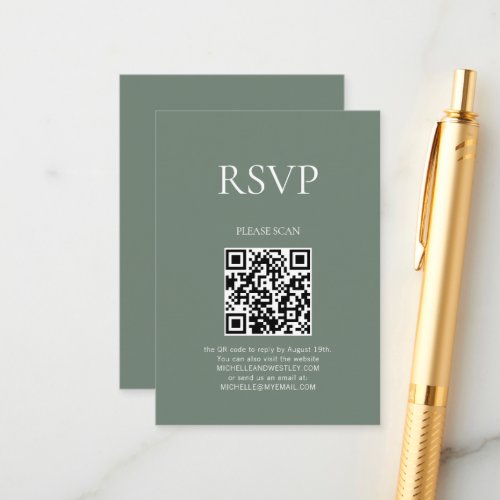 Minimal Monogram QR Code Sage Green Wedding RSVP Enclosure Card