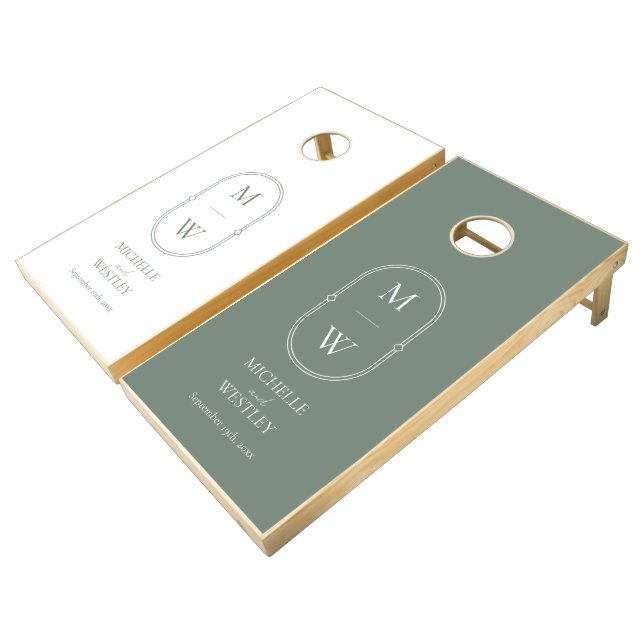 Minimal Monogram Sage Green Personalized Wedding Cornhole Set (Angled)