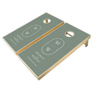 Minimal Monogram Sage Green Personalized Wedding Cornhole Set