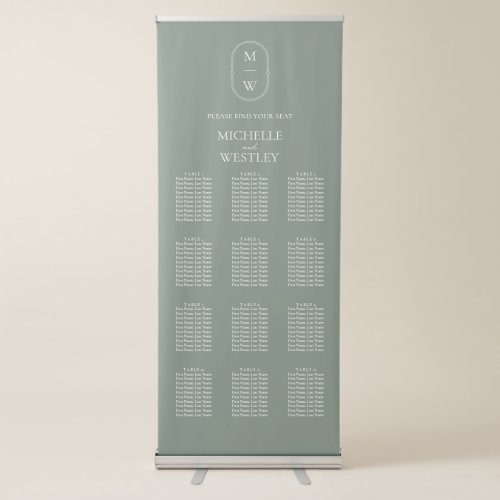 Minimal Monogram Sage Green Wedding Seating Chart Retractable Banner