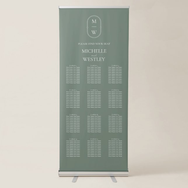 Minimal Monogram Sage Green Wedding Seating Chart Retractable Banner (Front)