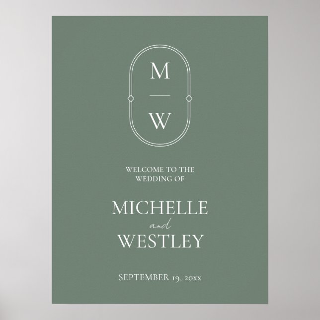 Minimal Monogram Sage Green Wedding Welcome Sign (Front)