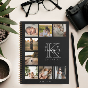 Minimal Monogram & Script Name Photo Collage Black Notebook
