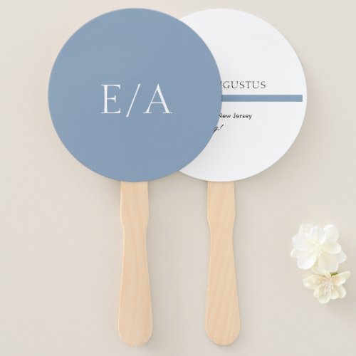 Minimal Monogram Simple Elegant Dusty Blue Wedding Hand Fan