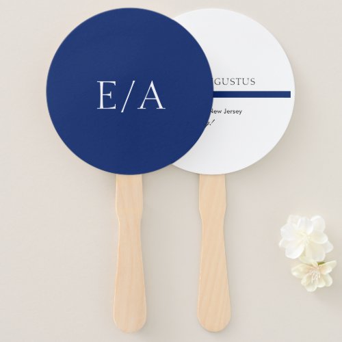 Minimal Monogram Simple Elegant Navy Blue Wedding Hand Fan