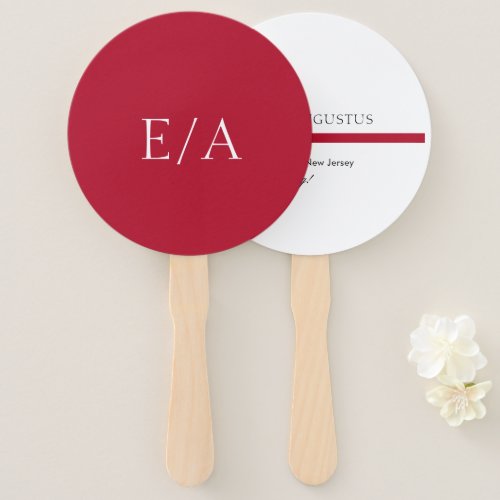 Minimal Monogram Simple Elegant Red Wedding Hand Fan