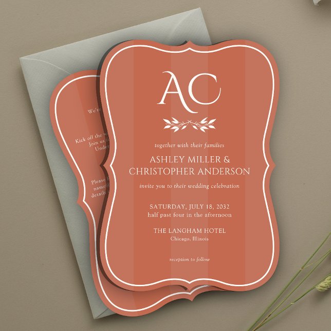 Minimal Monogram Striped Copper All-in-One Wedding Invitation (Creator Uploaded)