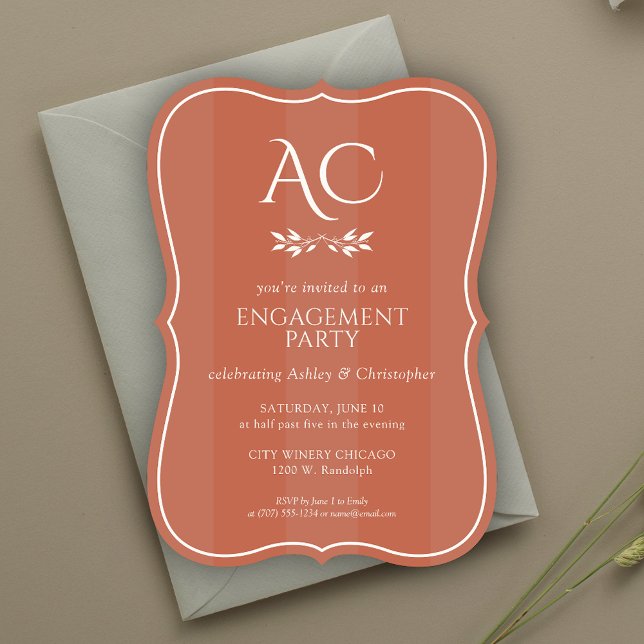 Minimal Monogram Striped Copper Engagement Party Invitation (Creator Uploaded)