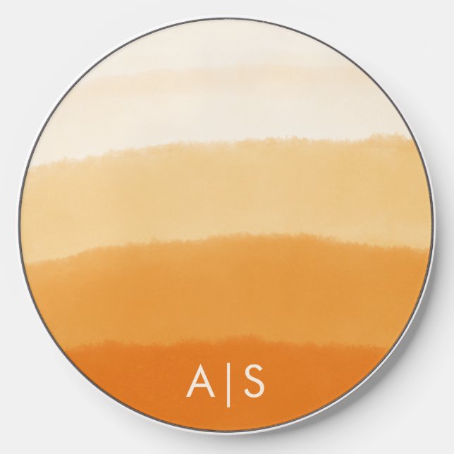 Minimal Monogram Watercolor Pumpkin Orange Ombre Wireless Charger (Front)