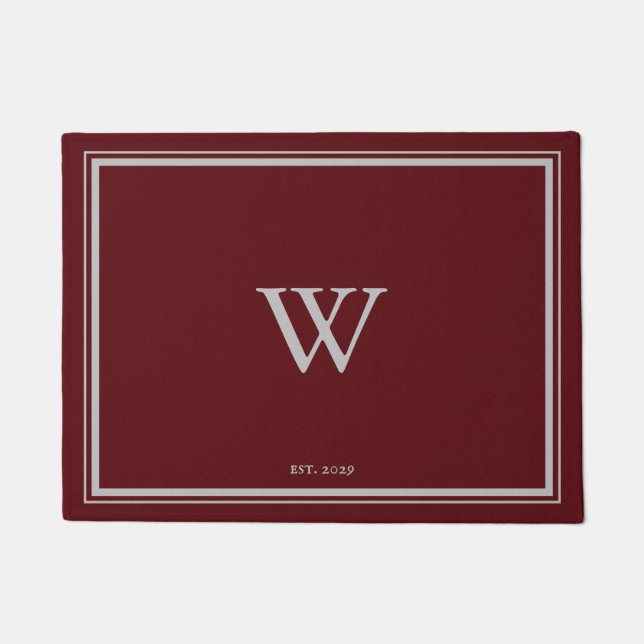 Minimal Monogram Welcome Maroon Red | Grey Doormat (Front)