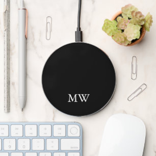 Minimal monogram white black custom initials chic wireless charger