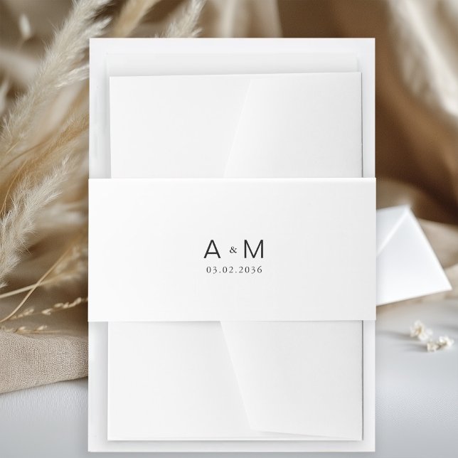 Minimal Monogram White Invitation Belly Band (Minimal Monogram White Invitation Belly Band with your monogram and date.)