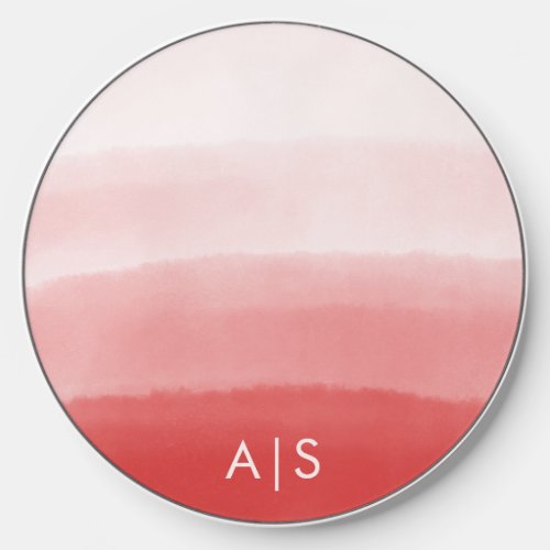 Minimal Monogrammed Watercolor Coral Red Ombre Wireless Charger