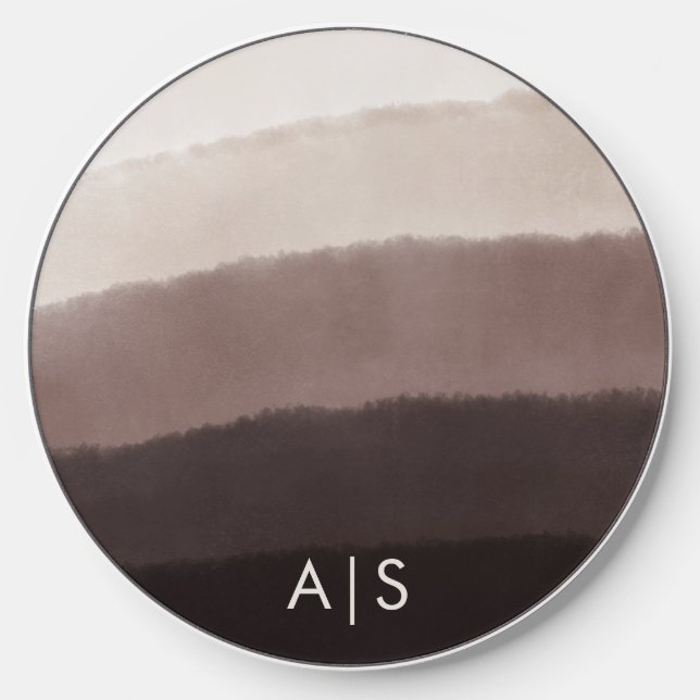 Minimal Monogrammed Watercolor Walnut Brown Ombre Wireless Charger (Front)