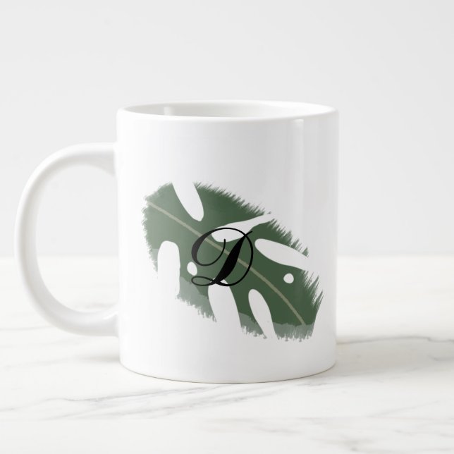 Minimal Monstera Leaf Greenery Monogram Giant Coffee Mug (Left)