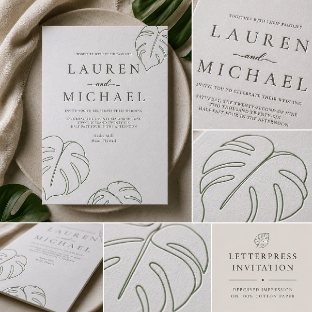 Minimal Monstera Wedding Letterpress Invitation (Creator Uploaded)