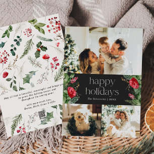 Minimal Moody Gray Botanical Greenery 3 Photo Holiday Card