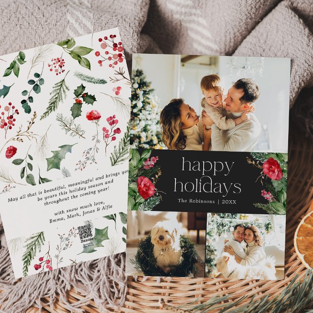 Minimal Moody Gray Botanical Greenery 3 Photo Holiday Card (Creator Uploaded)