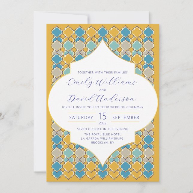 Minimal Moroccan Tiles Yellow Blue Golden QR Code Invitation (Front)