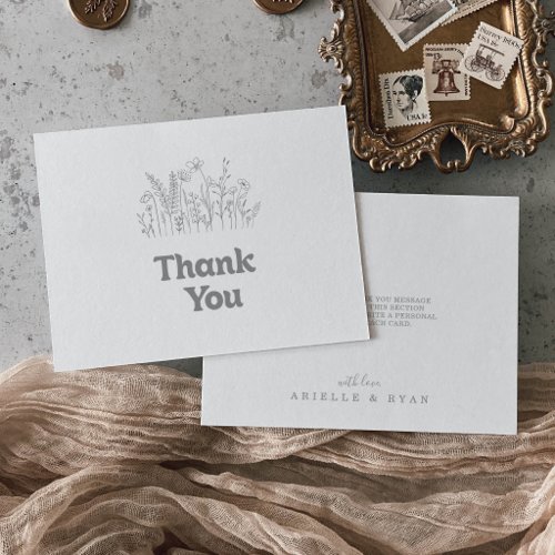 Minimal Muted Gray Wildflower Flat Wedding Thank You Card