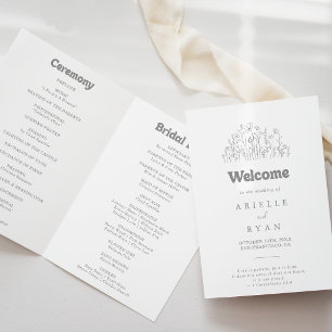 Minimal Muted Gray Wildflower Folded Wedding Program